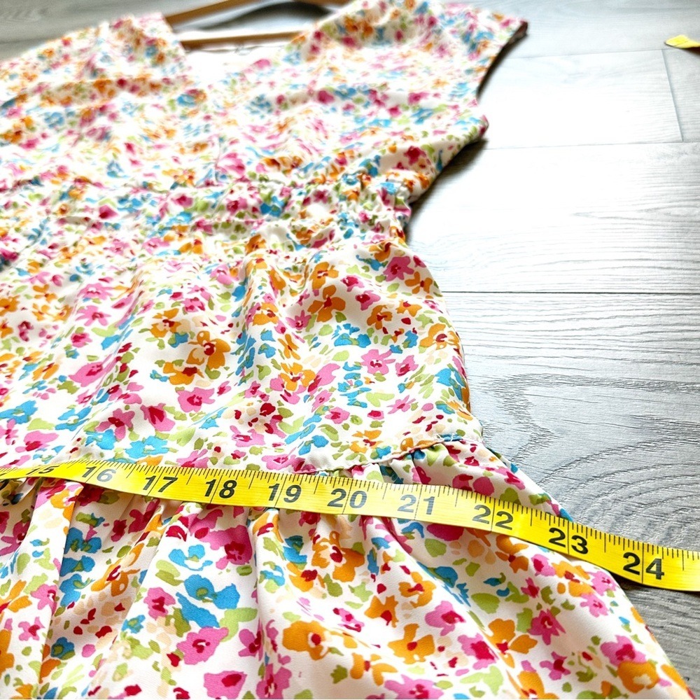 Kori Sage Combo Dress‎ Mini Elastic Shirring V-Neck Sleeveless Lined Floral - Picture 9 of 16